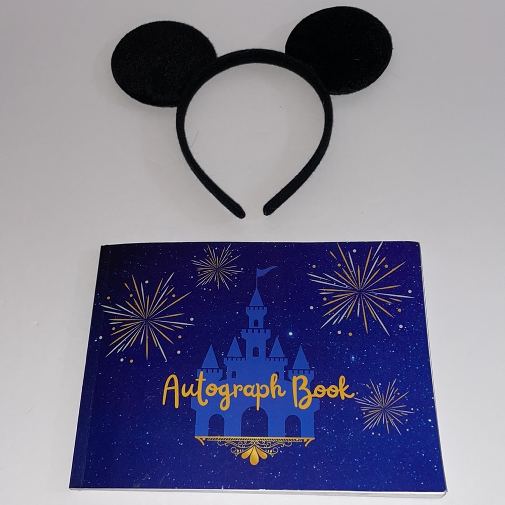 Mickey Mouse Ears Headbands and Walt Disney Character Autograph Book. (2 items)